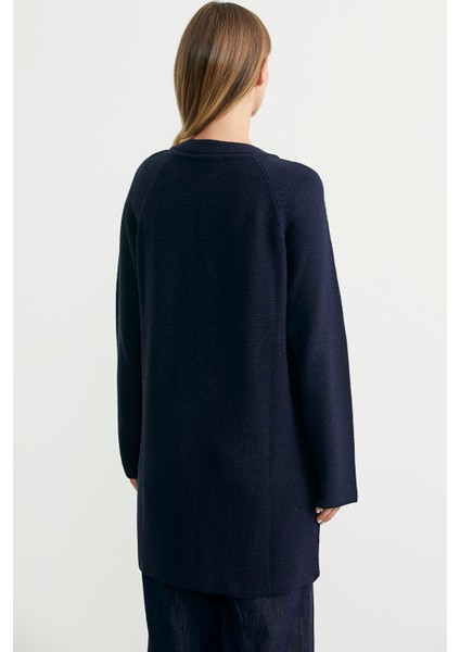 Sıfır Yaka Yünlü Uzun Triko Hırka - Lacivert indirimleri