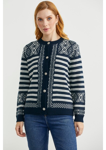 Metal Düğmeli Çizgili Yünlü Triko Hırka - Lacivert