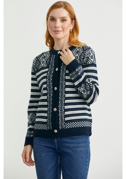 Metal Düğmeli Çizgili Yünlü Triko Hırka - Lacivert fiyatları