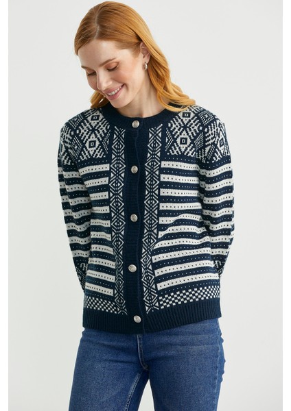 Metal Düğmeli Çizgili Yünlü Triko Hırka - Lacivert fırsatları