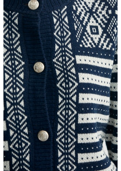 Metal Düğmeli Çizgili Yünlü Triko Hırka - Lacivert indirimleri