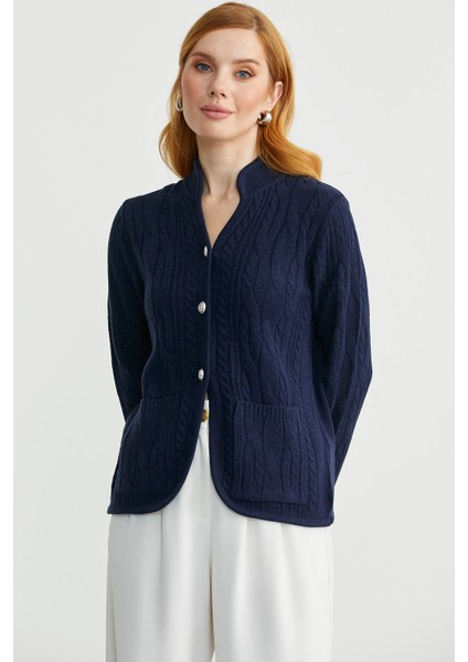 Hakim Yaka Cepli Yün Triko Ceket - Lacivert