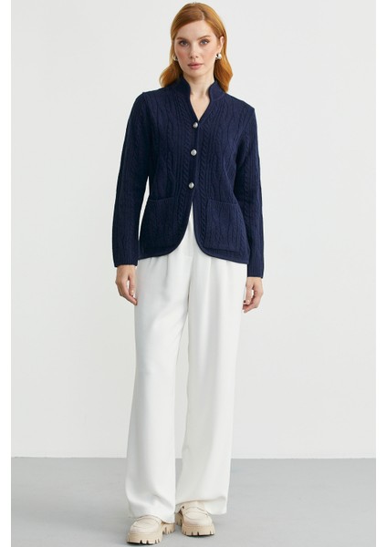 Hakim Yaka Cepli Yün Triko Ceket - Lacivert fiyatları