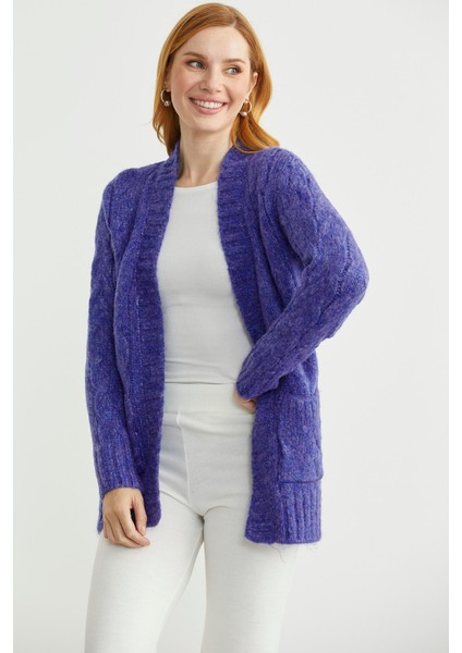 Saç Örgü Motifli Cepli Triko Hırka - Saks modelleri