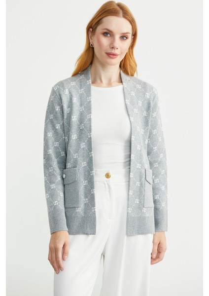 Logolu Cep Detaylı Oversize Triko Hırka - Gri