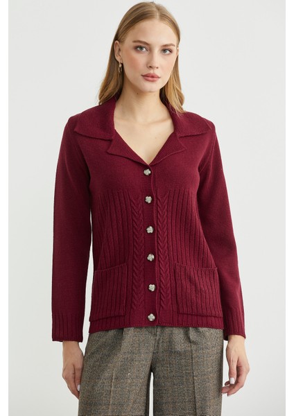 Yünlü Cepli Düğme Detaylı Triko Ceket - Bordo