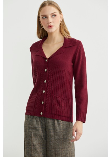 Yünlü Cepli Düğme Detaylı Triko Ceket - Bordo modelleri
