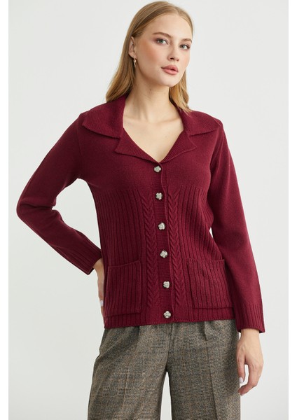 Yünlü Cepli Düğme Detaylı Triko Ceket - Bordo fırsatları