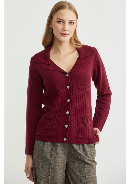 Yünlü Cepli Düğme Detaylı Triko Ceket - Bordo indirimleri