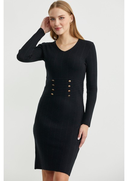 Düğme Detaylı V Yaka Triko Elbise - Siyah fiyatları