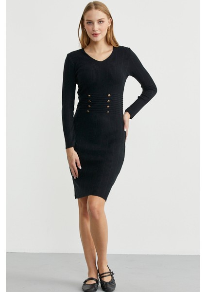 Düğme Detaylı V Yaka Triko Elbise - Siyah modelleri
