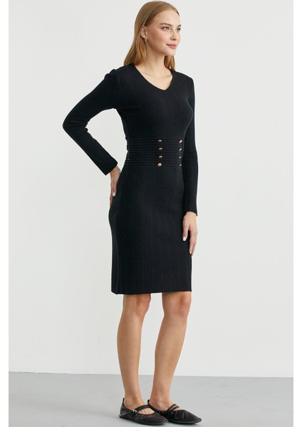 Düğme Detaylı V Yaka Triko Elbise - Siyah fırsatları