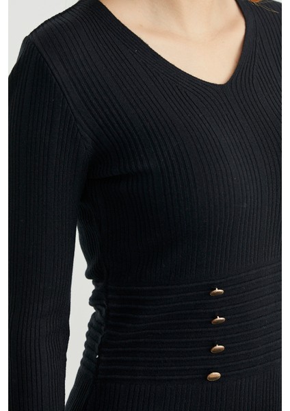 Düğme Detaylı V Yaka Triko Elbise - Siyah indirimleri