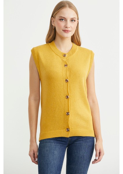 Düğme Kapamalı Yünlü Triko Yelek - Güneş