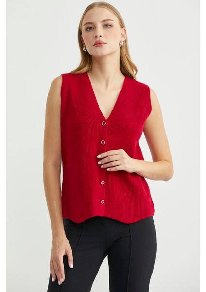 Selanik Örgü Düğmeli Yünlü Triko Yelek - Kırmızı