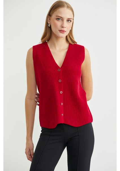 Selanik Örgü Düğmeli Yünlü Triko Yelek - Kırmızı modelleri