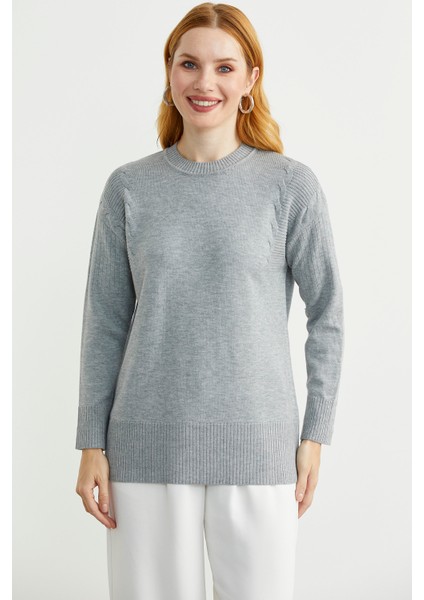 Kol Detaylı Sıfır Yaka Tunik Triko Kazak - Gri