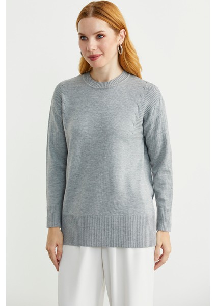 Kol Detaylı Sıfır Yaka Tunik Triko Kazak - Gri fiyatları