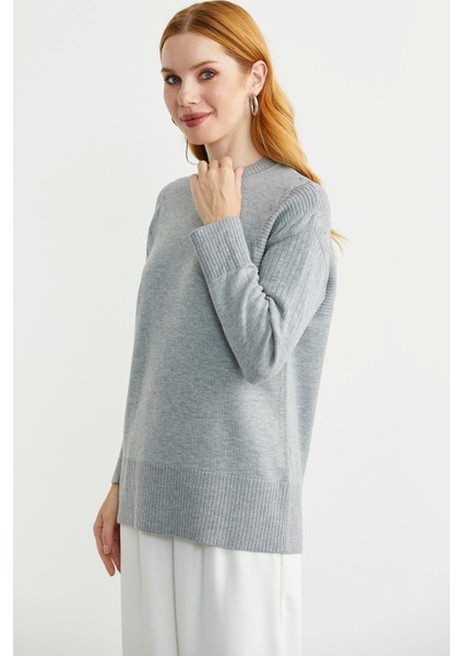 Kol Detaylı Sıfır Yaka Tunik Triko Kazak - Gri modelleri