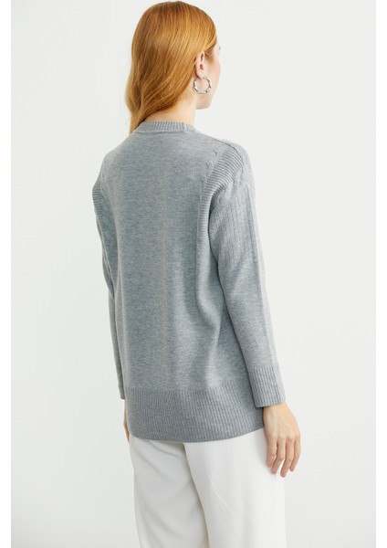 Kol Detaylı Sıfır Yaka Tunik Triko Kazak - Gri indirimleri