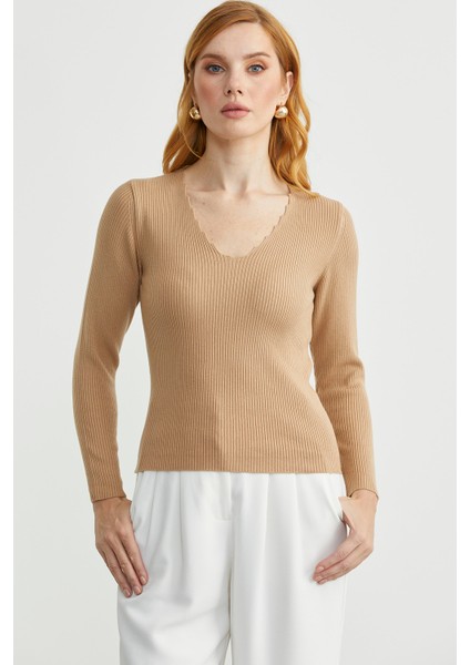 Fitilli Basic V Yaka Triko Kazak - Kamel