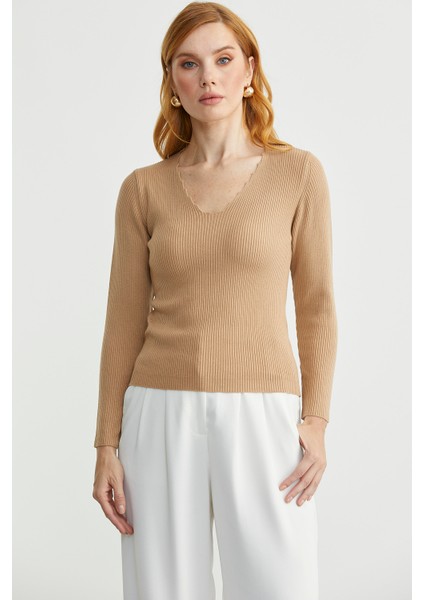 Fitilli Basic V Yaka Triko Kazak - Kamel fiyatları