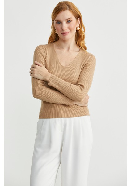 Fitilli Basic V Yaka Triko Kazak - Kamel fırsatları