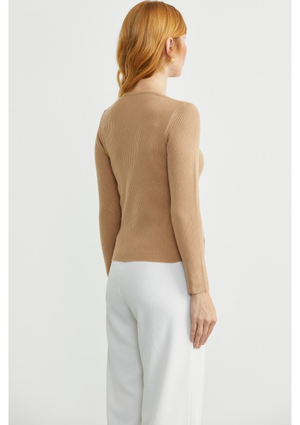 Fitilli Basic V Yaka Triko Kazak - Kamel indirimleri