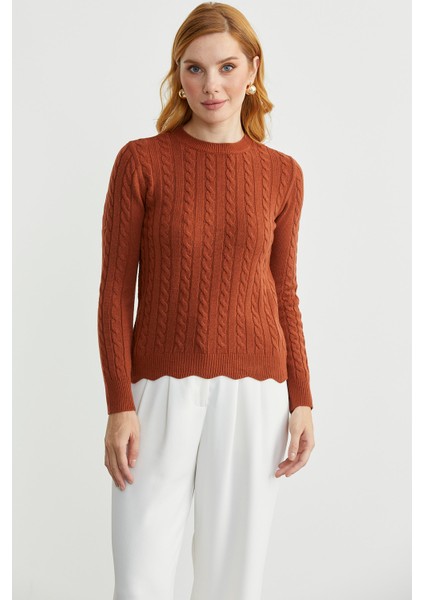 Dilimli Saç Örgülü Triko Kazak - Kiremit