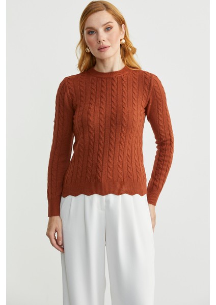 Dilimli Saç Örgülü Triko Kazak - Kiremit fiyatları