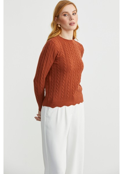 Dilimli Saç Örgülü Triko Kazak - Kiremit modelleri