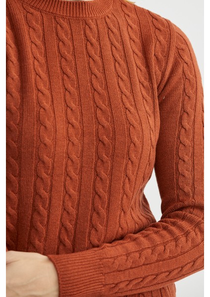 Dilimli Saç Örgülü Triko Kazak - Kiremit fırsatları