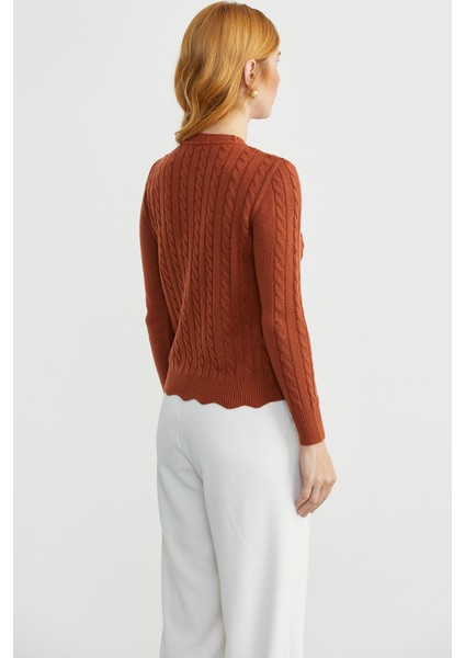 Dilimli Saç Örgülü Triko Kazak - Kiremit indirimleri