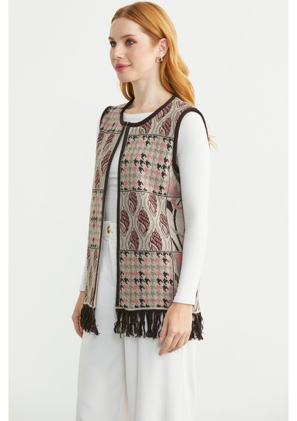 Desenli Bohem Yünlü Triko Yelek - Vizon modelleri