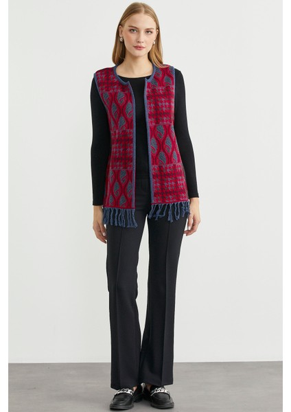 Desenli Bohem Yünlü Triko Yelek - Kırmızı