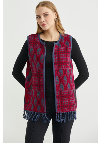 Desenli Bohem Yünlü Triko Yelek - Kırmızı modelleri