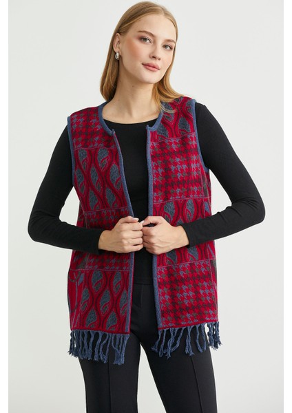 Desenli Bohem Yünlü Triko Yelek - Kırmızı fırsatları