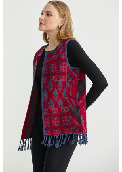 Desenli Bohem Yünlü Triko Yelek - Kırmızı indirimleri