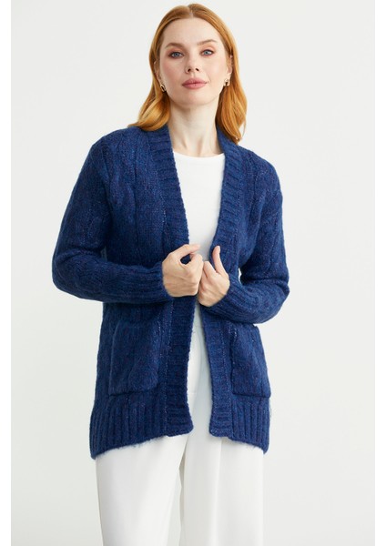 Saç Örgü Motifli Cepli Triko Hırka - Lacivert fiyatları