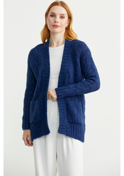 Saç Örgü Motifli Cepli Triko Hırka - Lacivert modelleri