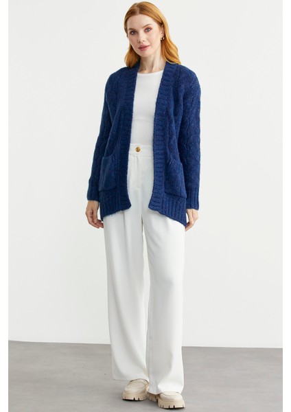 Saç Örgü Motifli Cepli Triko Hırka - Lacivert fırsatları