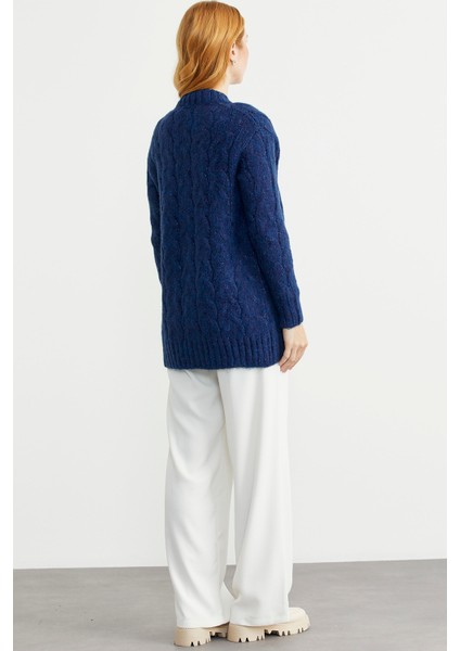 Saç Örgü Motifli Cepli Triko Hırka - Lacivert indirimleri