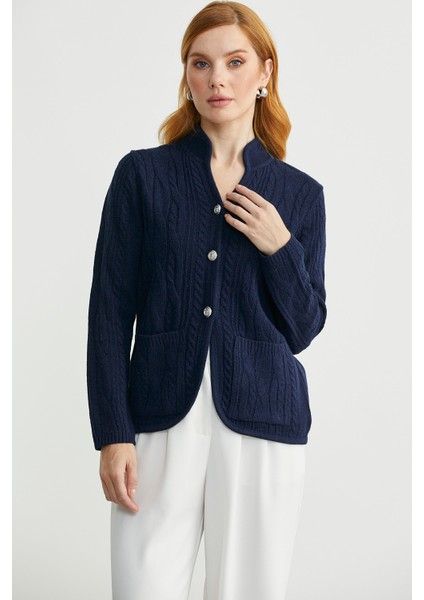 Hakim Yaka Cepli Yün Triko Ceket - Lacivert fırsatları