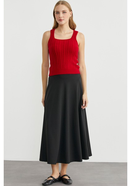 Saç Örgü Kare Yaka Triko Atlet - Kırmızı