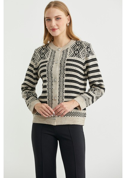 Metal Düğmeli Çizgili Yünlü Triko Hırka - Vizon