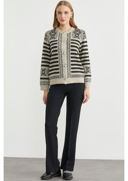 Metal Düğmeli Çizgili Yünlü Triko Hırka - Vizon fiyatları