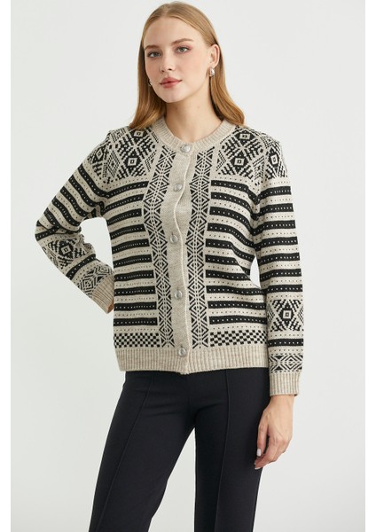 Metal Düğmeli Çizgili Yünlü Triko Hırka - Vizon modelleri