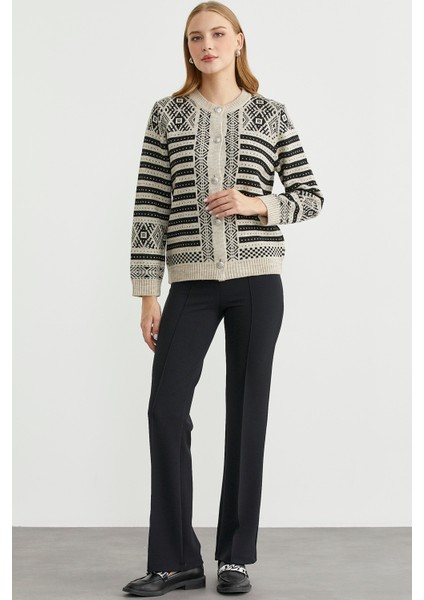 Metal Düğmeli Çizgili Yünlü Triko Hırka - Vizon fırsatları