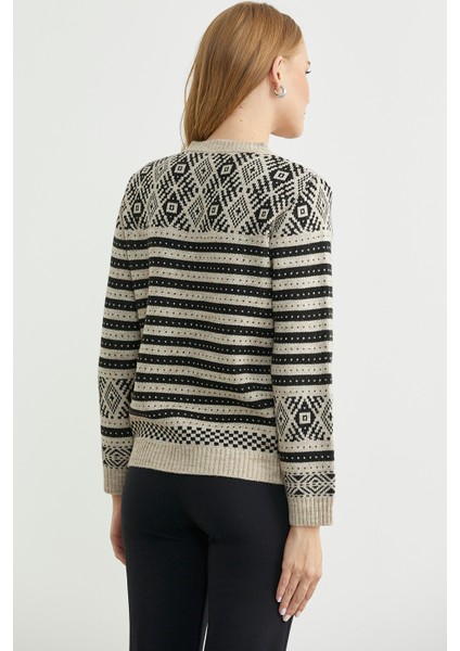 Metal Düğmeli Çizgili Yünlü Triko Hırka - Vizon indirimleri