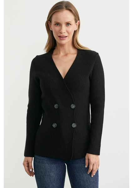 Maskülen Kruvaze Triko Ceket - Siyah